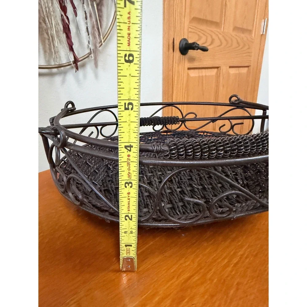 Vintage Dark Brown Metal Wire and Woven Seagrass Oval Basket with Swing Handle